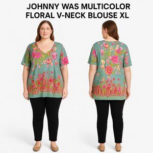 Johnny Was Multicolor Floral V-Neck Blouse XL